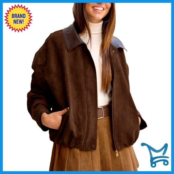 Jackets & Blazers - Oversized Faux Suede Bomber Jacket Cropped Lapel Zip Up Streetwear